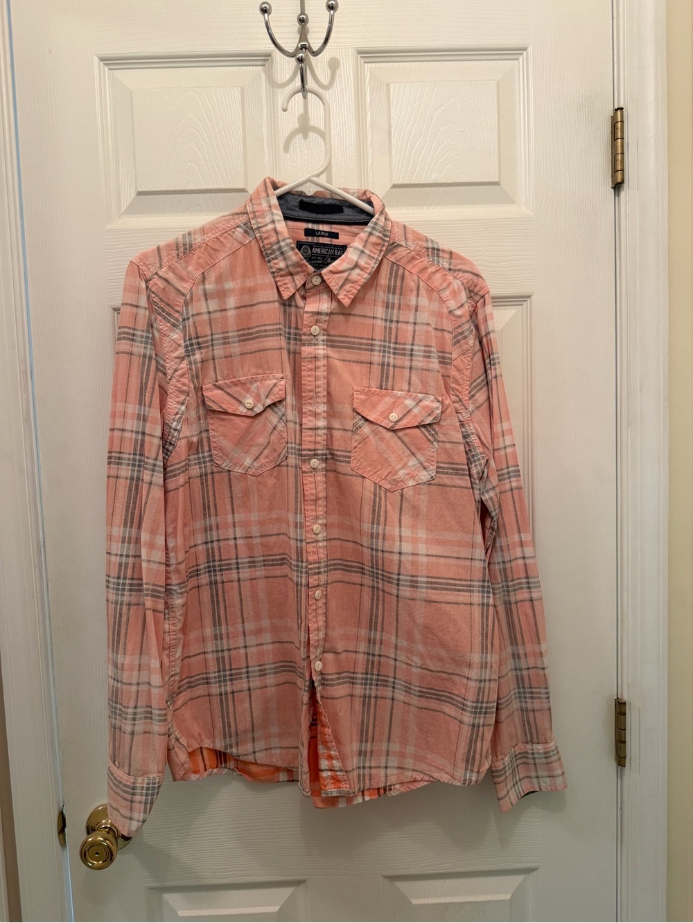American Rag Peach and White Plaid Button-Down Shirt